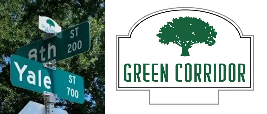 Yale Green Corridor sign topper mounted on a Heights street sign