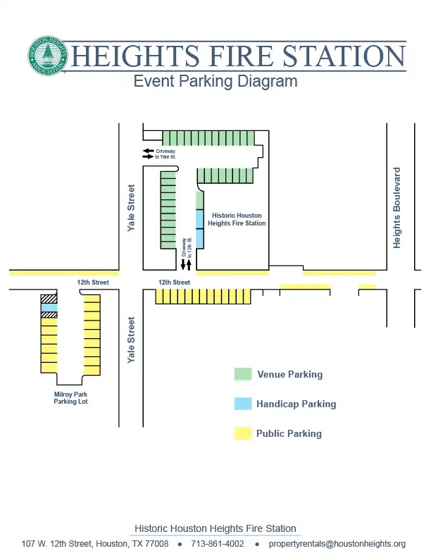 Event parking diagram for the Historic Houston Heights Fire Station at 107 W. 12th Street. Venue parking is marked green, handicap parking blue, and public parking yellow along 12th Street, Yale Street and the Milroy Park lot.