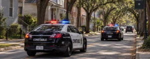 Constable patrol cars on a tree-lined Heights street