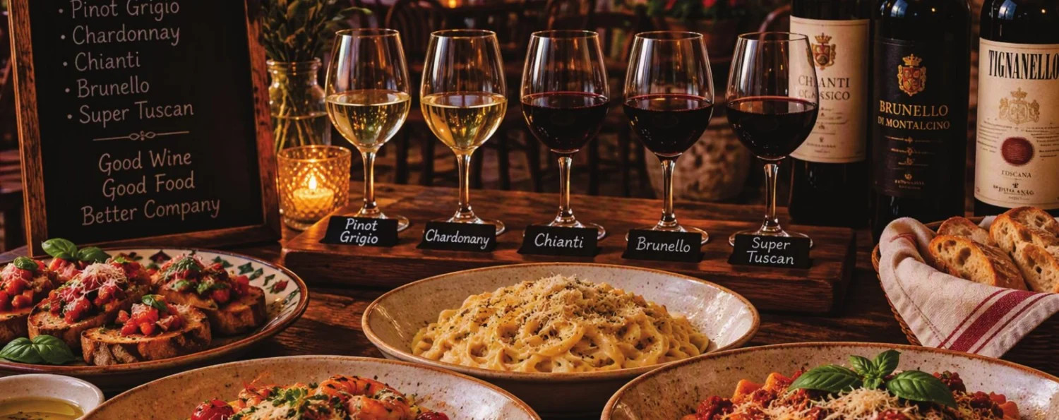 Wine flight with Italian dishes